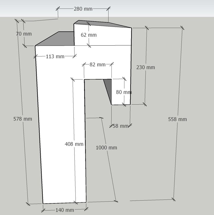 3D-модель фасадного профілю з розмірами: висота 578 мм, виліт 280 мм